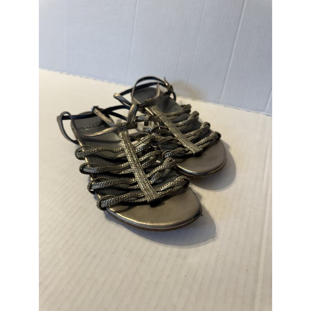 Stuart Weitzman Metallic Taupe Gray Strappy Buckle Back Thong Sandal Womens 7.5